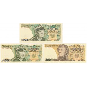 Zestaw 2x 50 zł i 500 zł 1982-1988 - MIX serii (3szt)