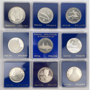 SREBRO 100 - 20.000 złotych 1975-1989 - zestaw (9szt)