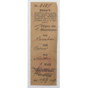 Wojskowy bilet kolejowy z Warszawy 19.XII.1917