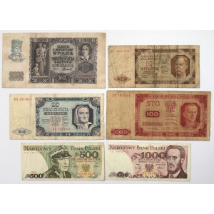 Zestaw banknotów polskich 1940-1988 w tym 2x przedruki z epoki (6szt)