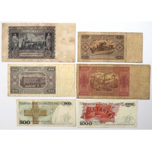 Zestaw banknotów polskich 1940-1988 w tym 2x przedruki z epoki (6szt)