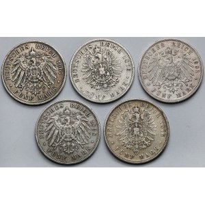 Niemcy, 5 marek 1876-1907 - zestaw (5szt)