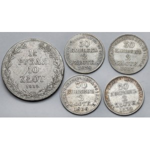 30 kopiejek = 2 złote - 1 i 1/2 rubla = 10 złotych 1836-1839 MW, Warszawa - zestaw (5szt)