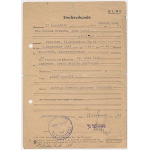Okupacja, AUSCHWITZ Obóz koncentracyjny, Zawiadomienie o śmierci Polki 1943