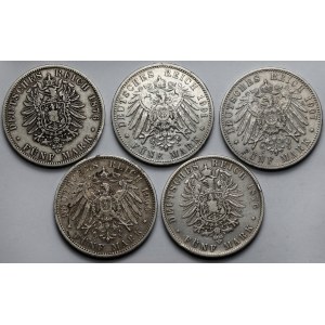 Niemcy, 5 marek 1876-1907 - zestaw (5szt)