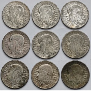 Głowa Kobiety, 5 złotych 1933-1934 - zestaw (9szt)