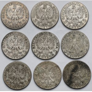 Głowa Kobiety, 5 złotych 1933-1934 - zestaw (9szt)