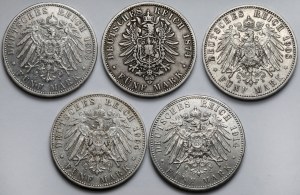 Germany, 5 marks 1874-1914 - set (5pcs)