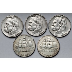 Strzelecki i Żaglowiec, 5 złotych 1934-1936 - zestaw (5szt)