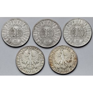 Strzelecki i Żaglowiec, 5 złotych 1934-1936 - zestaw (5szt)