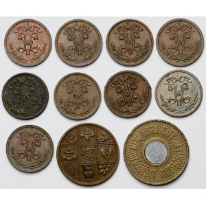 Rosja 1/2 kopiejki 1900-1915 i 2 żetony - zestaw (11szt)