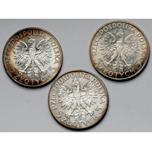 Głowa Kobiety, 5 złotych 1932-1934 - zestaw (3szt)