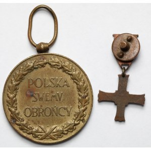 II RP i PSZnZ, Medal Polska Swemu Obrońcy - Za Wojnę 1918-1921 + miniatura Krzyża Monte Cassino - zestaw (2szt)