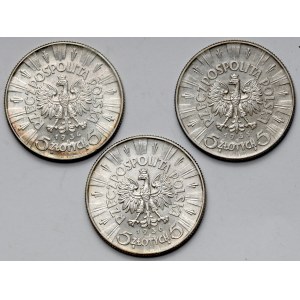 Piłsudski, 5 złotych 1934-1936 w tym urzędowy - zestaw (3szt)