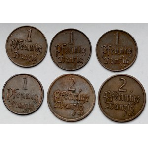 Gdańsk, 1 - 2 fenigi 1923-1937 - zestaw (6szt)