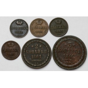 Mennica Warszawa - od Dienieżki do 3 kopiejek 1852-1863 - zestaw (6szt)