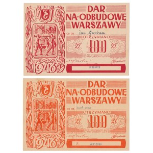 Dar na Odbudowę Warszawy 100 zł 1946 - zestaw dwie ODMIANY KOLORYSTYCZNE