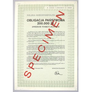 Obligacja Państwowa 200.000 zł 1989 - SPECIMEN