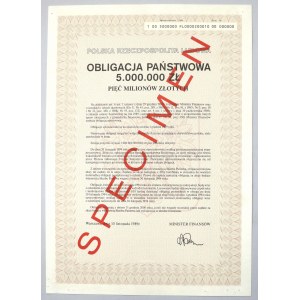 Obligacja Państwowa 5 mln zł 1989 - SPECIMEN