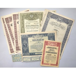 Obligacje II RP, akcja Banku Polskiego i kartka żywnościowa 1989 (8szt)