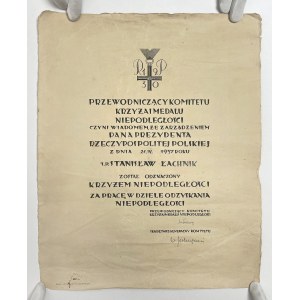 II RP, Krzyż Niepodległości z Dyplomem po Stanisławie Łachniku