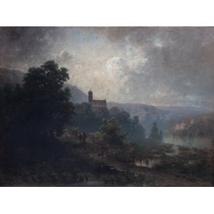 Aleksander Władysław Malecki (1836 Masłów -1900 Szydłowiec), Landscape with silhouette of a church (Mountain Landscape, Landscape from the vicinity of Munich), 1869.