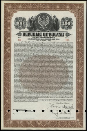 Rzeczpospolita Polska (1918-1939), 3 % obligacja na 100 dolarów w złocie, z roku 1937 płatna do 1.10.1956 r.