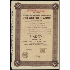 Polska, 5 akcji po 250 złotych = 1.250 złotych, 1937, Warszawa