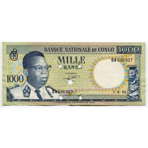 Congo Democratic Republic 1000 Francs 1964 Cancelled Note