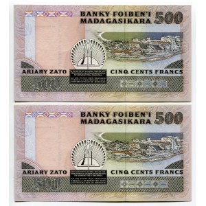 Madagascar 2 x 500 Francs / 100 Ariary 1988 - 1993 (ND)