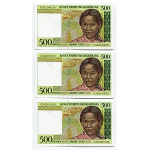 Madagascar 3 x 500 Francs 1994 (ND Close Numbers