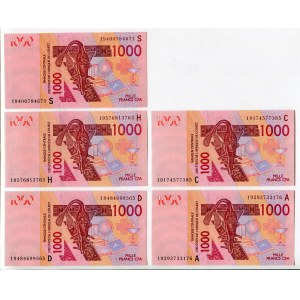 West African States 5 x 1000 Francs 2003 A - C - D - H - S Different Series