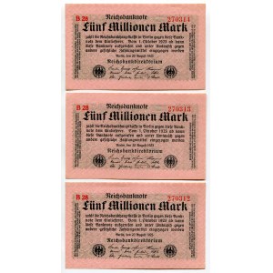 Germany - Weimar Republic 3 x 5 Millionen Mark 1923 With Consecutive Numbers