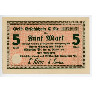 Germany - Empire East Prussia Konigsberg 5 Mark 1918
