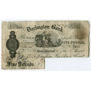 Great Britain Receipt of Darlington Bank 5 Pounds 1890 RARE