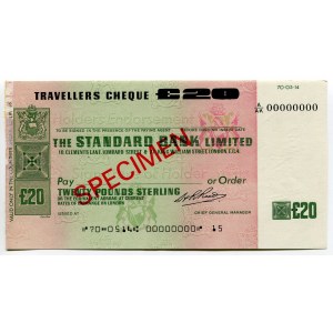 Great Britain Standard Bank Limited London Travellers Cheque 20 Pounds 1970 Specimen