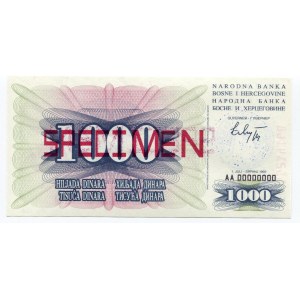 Bosnia & Herzegovina 1000 Dinara 1993 Sarajevo A0000000 Specimen