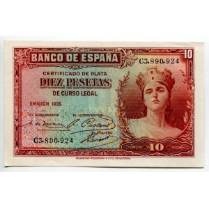 Spain 10 Pesetas 1935 (1936) Silver Certificate