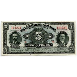 Mexico El Estado de Sonora, Hermosillo 5 Pesos 1915