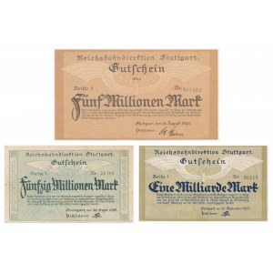 Německo, Stuttgart, sada 5 milionů - 1 miliarda marek 1923 (3 kusy).