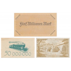 Německo, Stuttgart, sada 5 milionů - 1 miliarda marek 1923 (3 kusy).