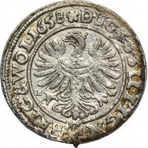 Schlesien, Herzogtum Legnicko-Brzesko-Wołowskie, Jerzy III Brzeski, Ludwik IV Legnicki und Chrystian Wołowski, 3 Krajcary Brzeg 1658 EW - SEHR RAR
