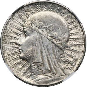 Głowa Kobiety, 5 złotych Londyn 1932 - NGC AU DETAILS