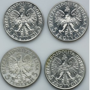 Zestaw, Głowa Kobiety, 5 złotych 1933-1934 (4 szt.)