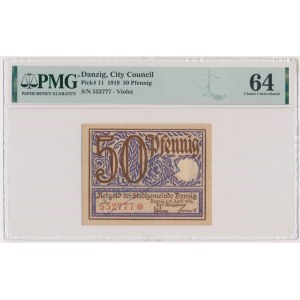 Danzig, 50 fenig 1919 - fialová - PMG 64 - vzácnější s razítkem UNGULTIG