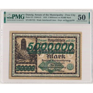 Gdansk, 5 miliónov mariek 1923 - zelená pretlač - PMG 50