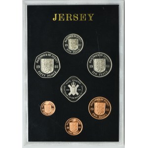 Sada, Jersey, 1981 vintage zrcadlová sada mincí (7 kusů).