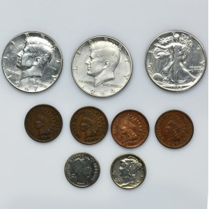 Set, USA, 1/2 Dollar, 10 Cents, 1 Cent (9 pcs.)