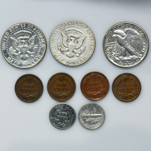 Zestaw, USA, 1/2 Dolara, 10 Centów, 1 Cent (9 szt.)