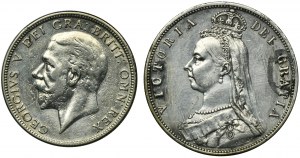 Set, Great Britain, Victoria and George V, 1/2 Crown and Florin (2 pcs.)